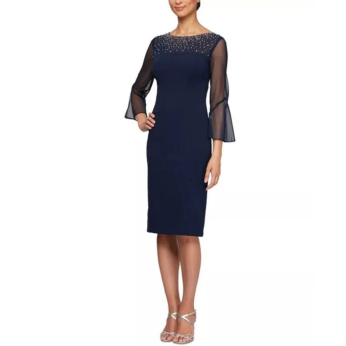 Alex Evenings Women's Embellished Illusion Neck Dress Blue Size 16