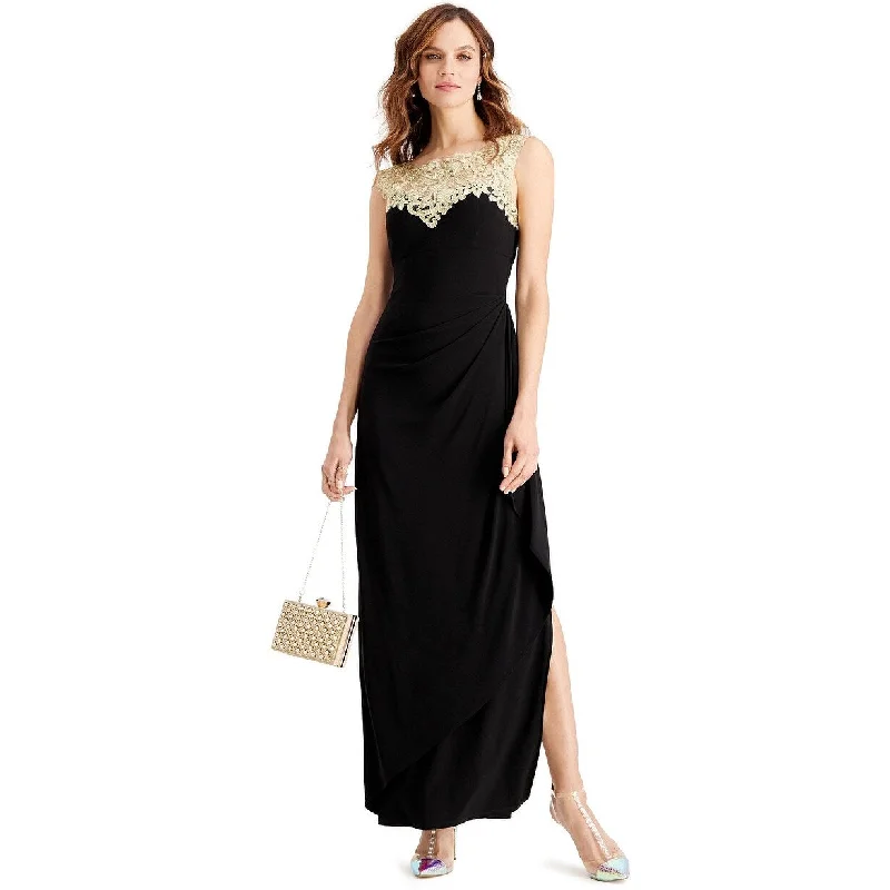 Alex Evenings Women's Embroidered Side Ruched Gown Black Gold Size 4