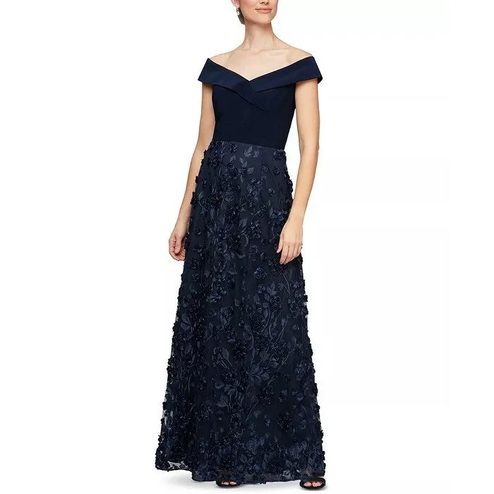 Alex Evenings Women's Mixed Media Off The Shoulder Gown Navy Size 6