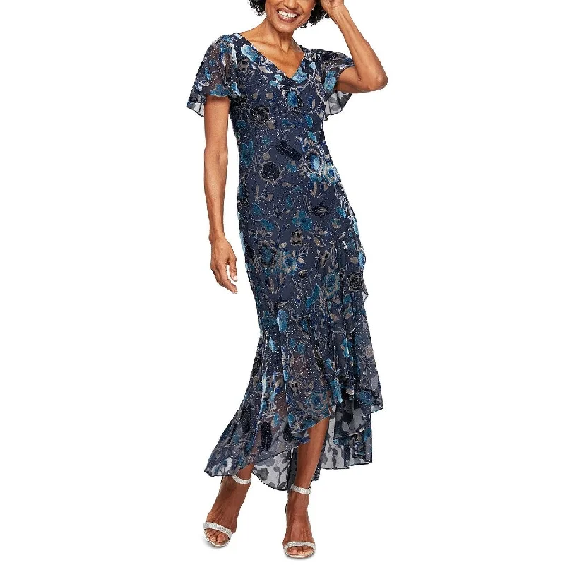 Alex Evenings Women's Printed Burnout-Velvet Dress Blue Size 16