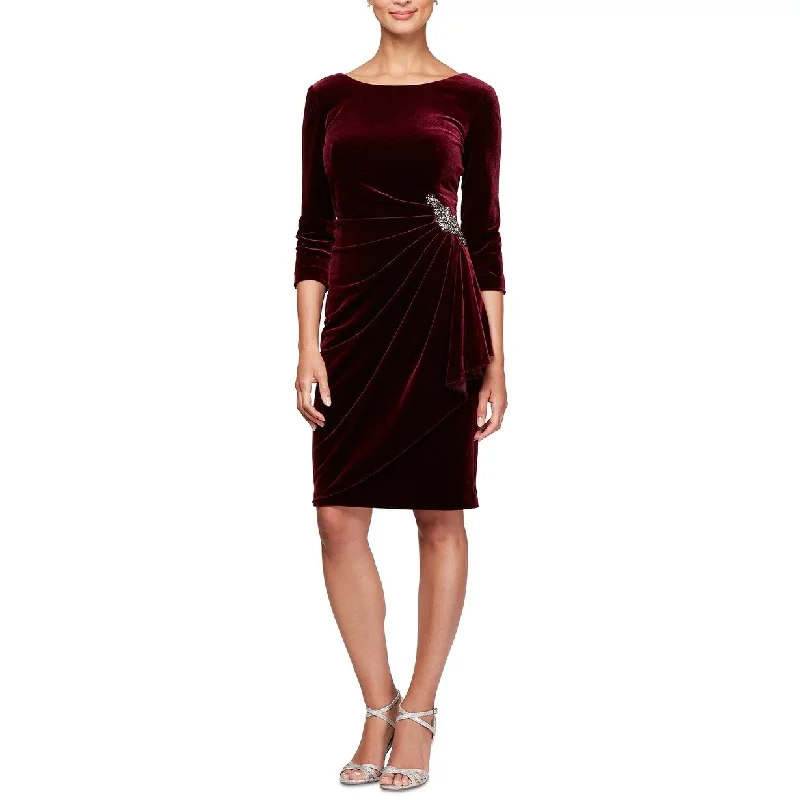 Alex Evenings Women's Ruched-Side Velvet Dress Red Size 16