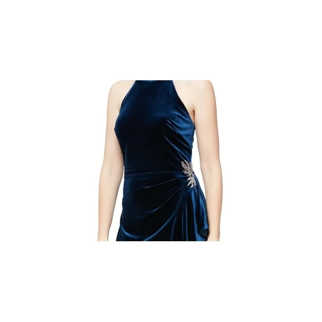 Alex Evenings Women's Velvet Beaded Trim Ruffled Gown Blue Size 12