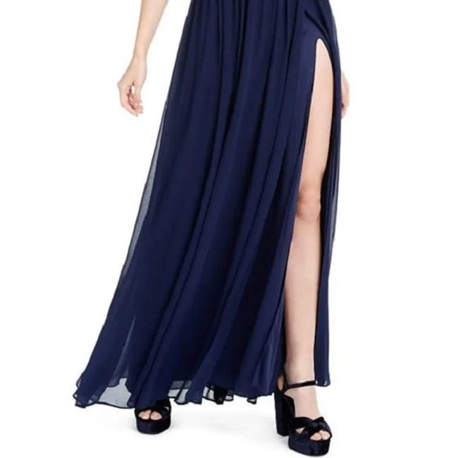 City Studios Women's Slitted Solid Spaghetti Strap V Neck Full Length Empire Waist Evening Dress Blue Size 9