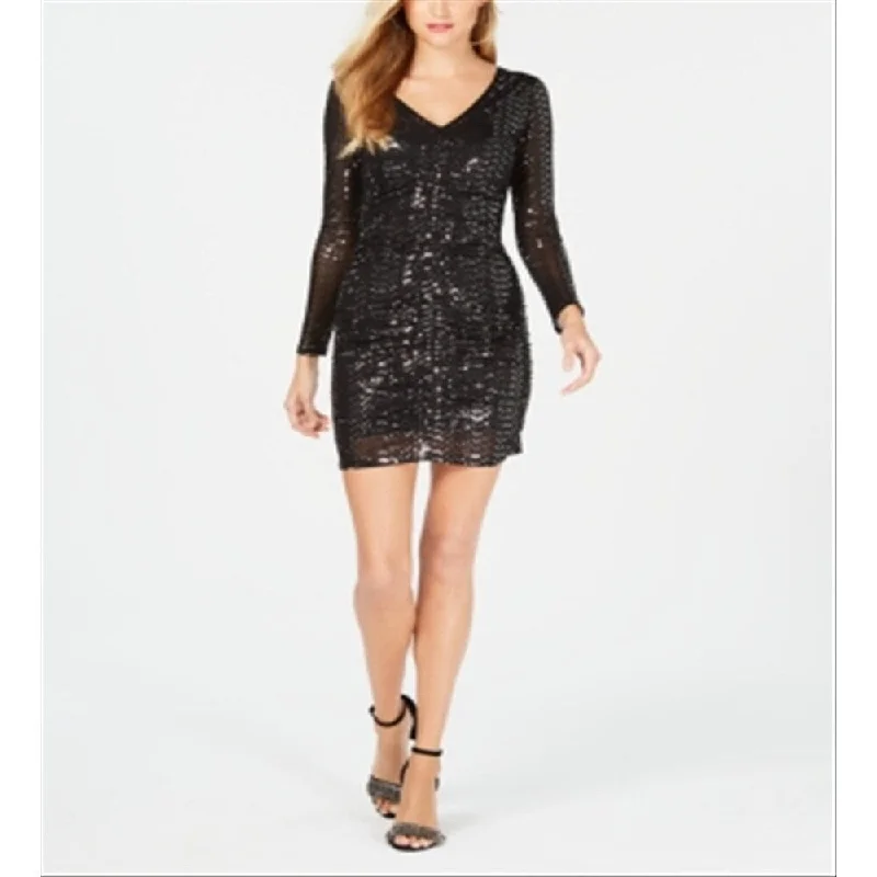 Guess Women's Embellished Long Sleeve V Neck Short Evening Body Con Dress Black Size 6