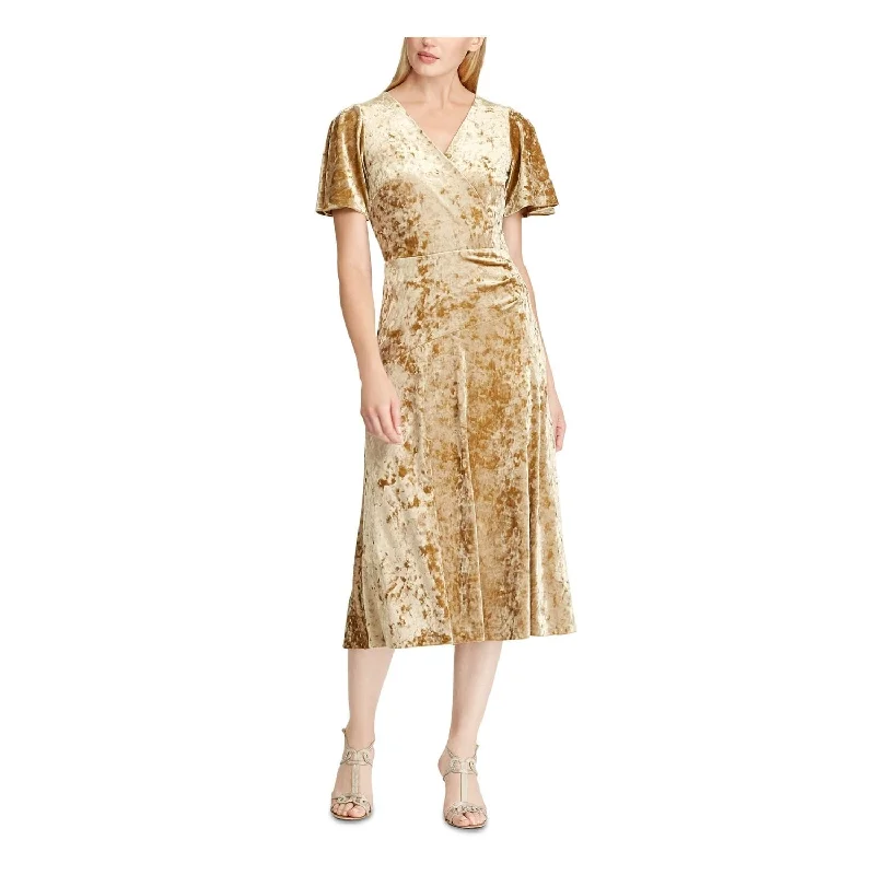 Ralph Lauren Womens Gold Velvet Short Sleeve V Neck Below The Knee Fit + Flare Evening Dress Size 6 Gold Size 6