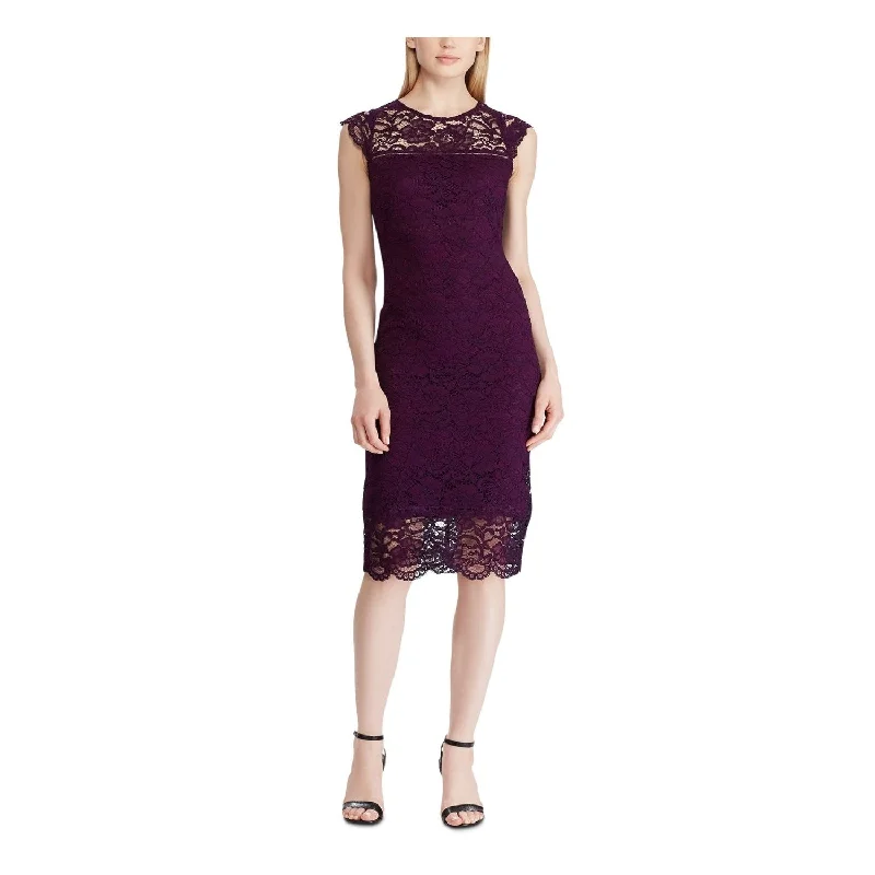 Ralph Lauren Women's Lace Zippered Floral Cap Sleeve Illusion Neckline Below The Knee Evening Sheath Purple Size 2