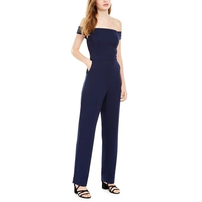 Teeze Me Women's Zippered Short Sleeve Off Shoulder Wide Leg Evening Jumpsuit Blue Size 1