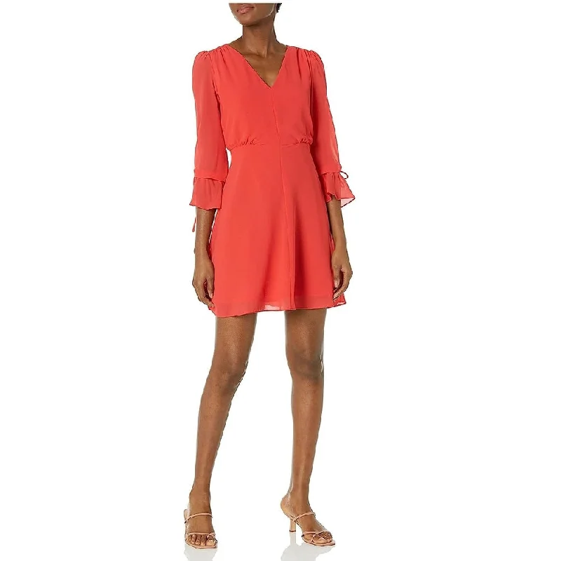 Vince Camuto Women's Tie Zippered Keyhole Chiffon Flutter Sleeve V Neck Short Evening Sheath Dress Coral Size 12