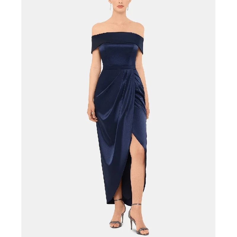 XSCAPE Women's Satin Off The Shoulder Evening Dress Navy Size 4