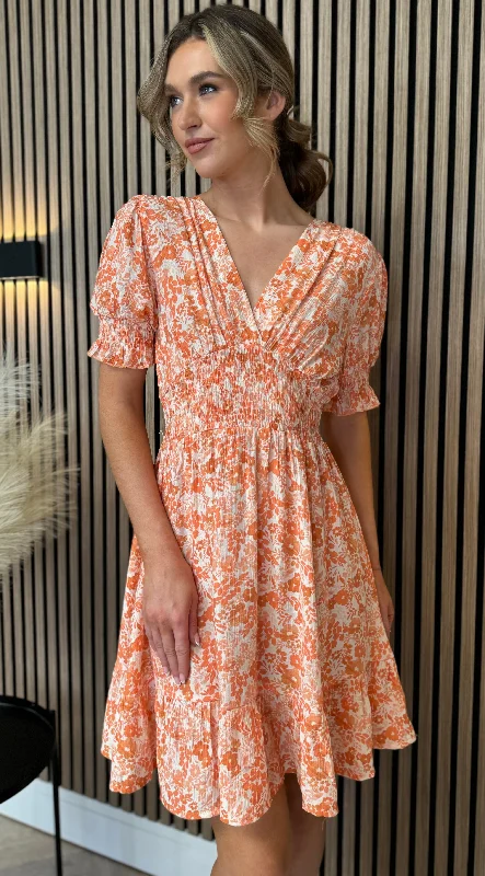 Becca Orange Floral V Neck Mini Dress