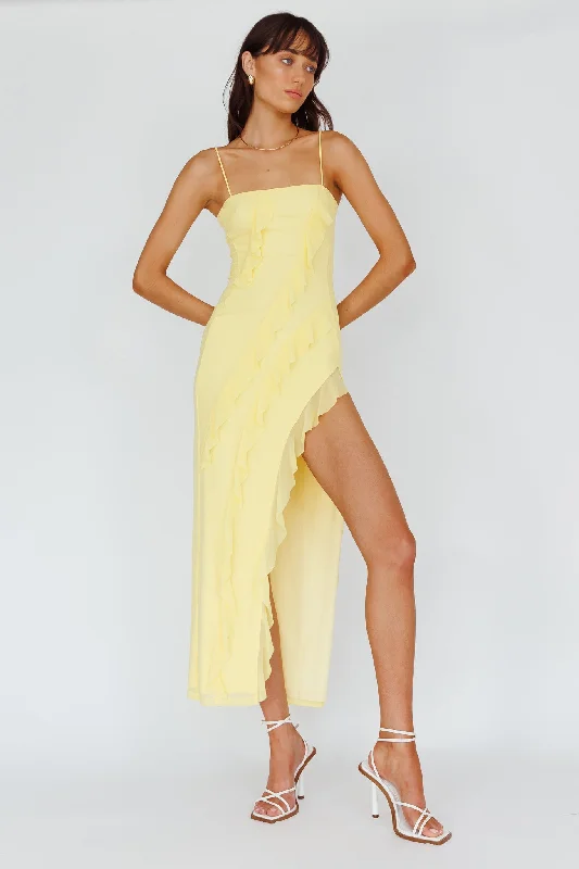 Catriona Split Ruffle Midi Dress Lemon