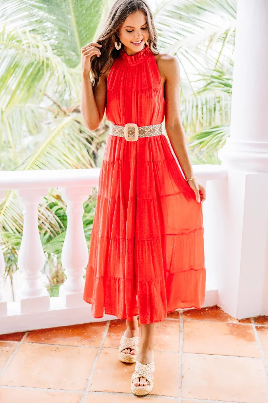 Come To Me Coral Orange Tiered Midi Dress