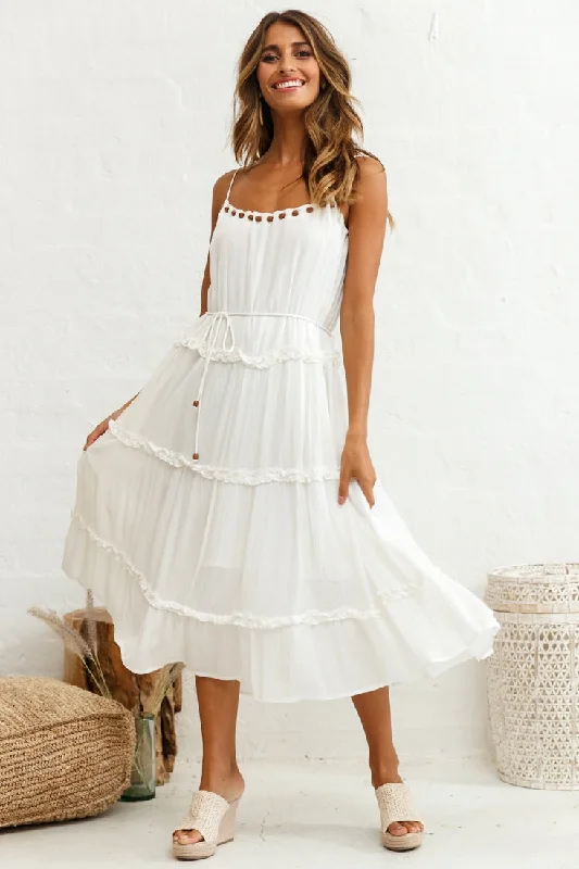 Daybreak Frill Trim Wooden Bead Midi Dress White