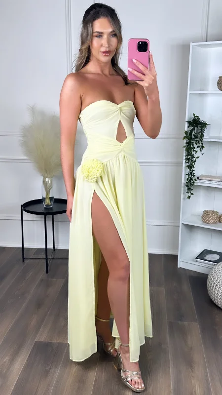 Dominique Yellow Strapless and Corsage Detail Maxi Dress