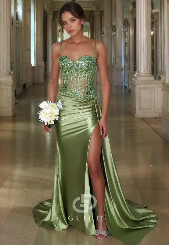 Sheath Strapless Straps Sleeveless Pleated Sequines Appliques Long Prom Dress with High Side Slit