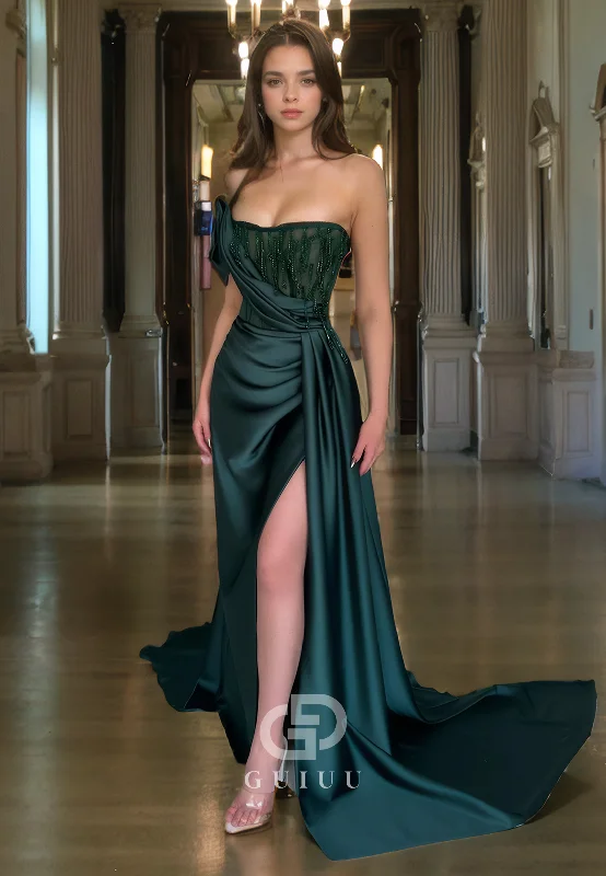 Sheath Strapless Sleeveles Pleated Beaded Long Prom Dress with Slit and Train