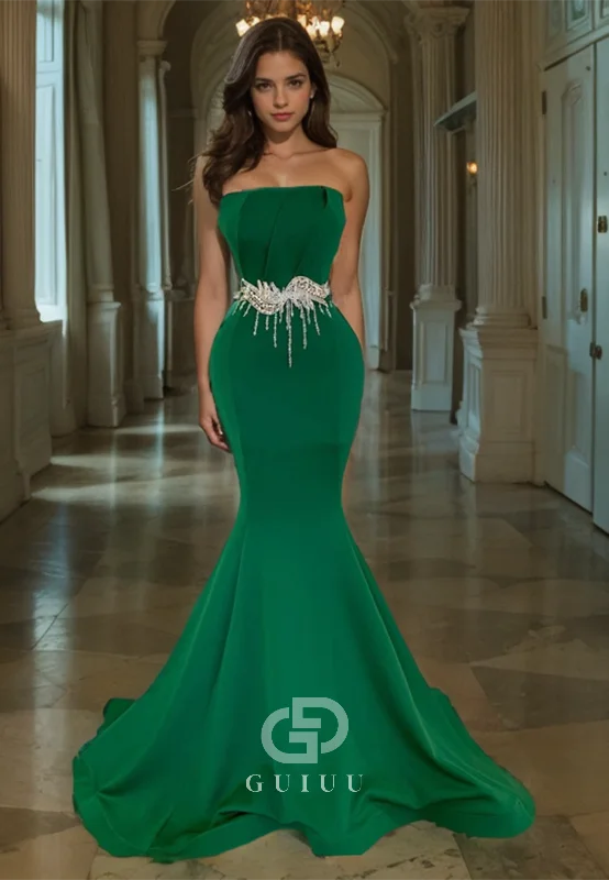 Mermaid Strapless Pleated Beaded Long Prom Dress with Train