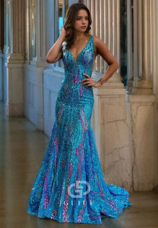 Mermaid V Neck Straps Sleeveless Fully Sequins Long Prom Dress with Train