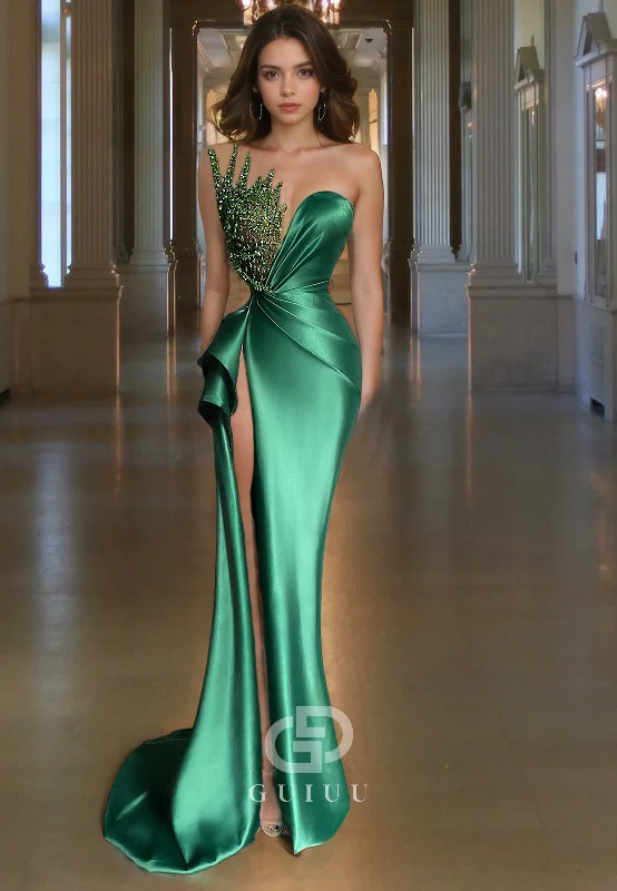 Sheath Strapless Sleeveless Pleated Beaded Long Prom Dress with High Side Slit and Train