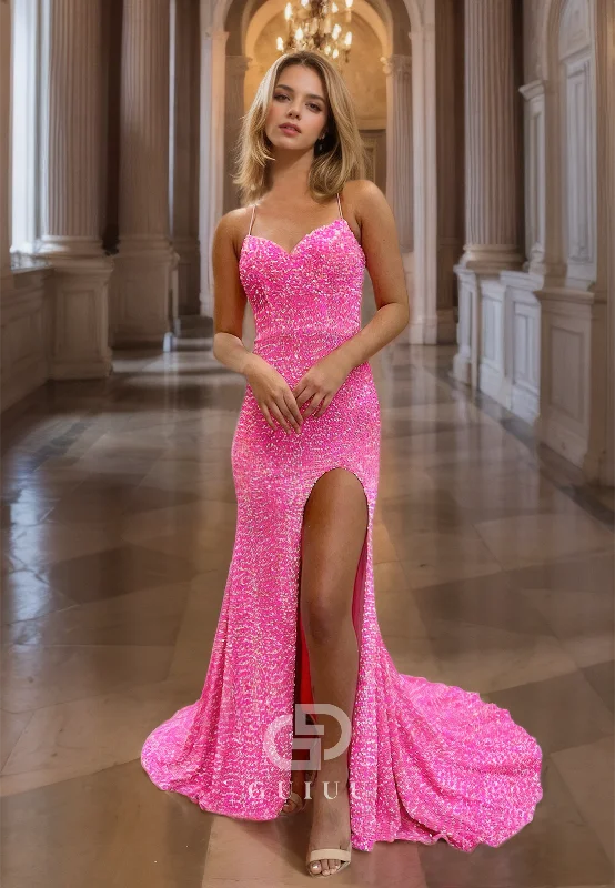 Sheath Strapless Straps Sleeveless Glitter Long Prom Dress with High Side Slit and Train