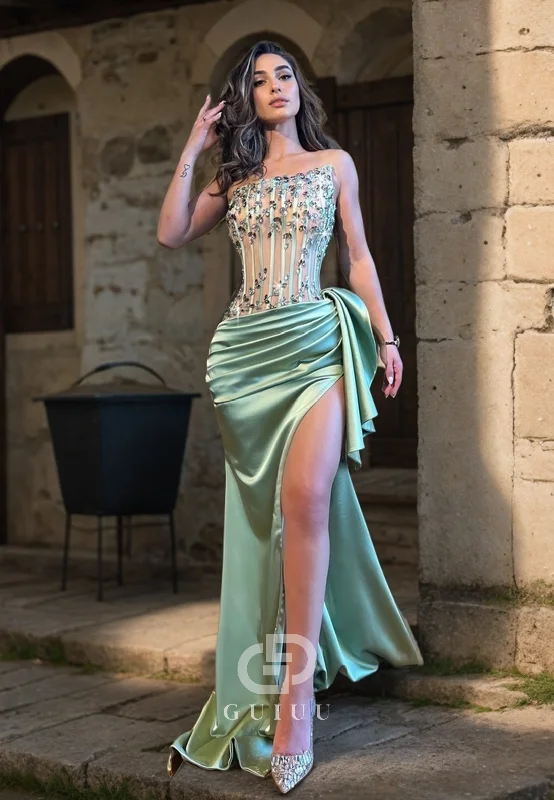 G3412 - Sexy & Hot Trumpet Strapless Fully Beaded Draped Bowknot High Side Slit Floor-Length Ball Gown Prom Dress