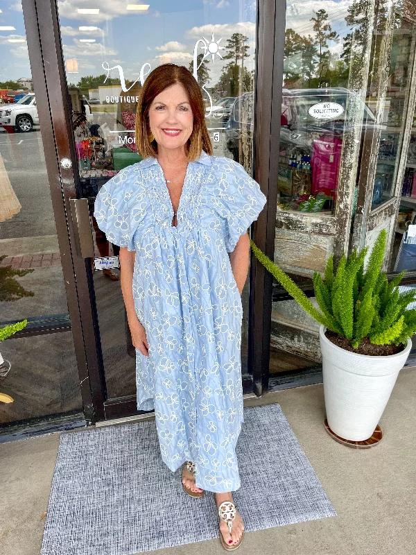 Dusty Blue Midi Flower Dress