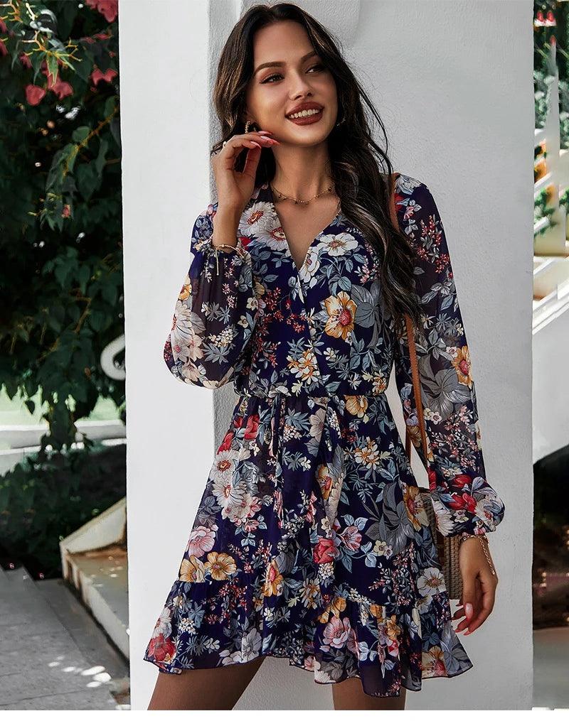 Navy Elegant Floral Long Sleeve Midi Dress