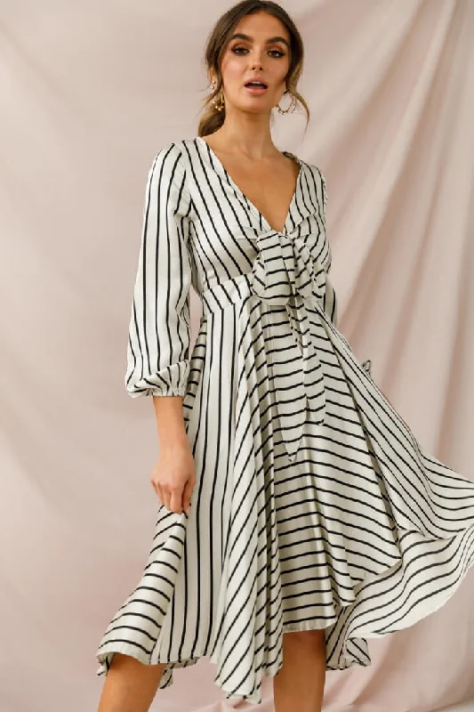 Essex Striped Bust Tie Midi Dress Beige