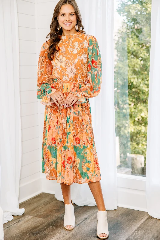 Fall In Love Rust Orange Floral Midi Dress