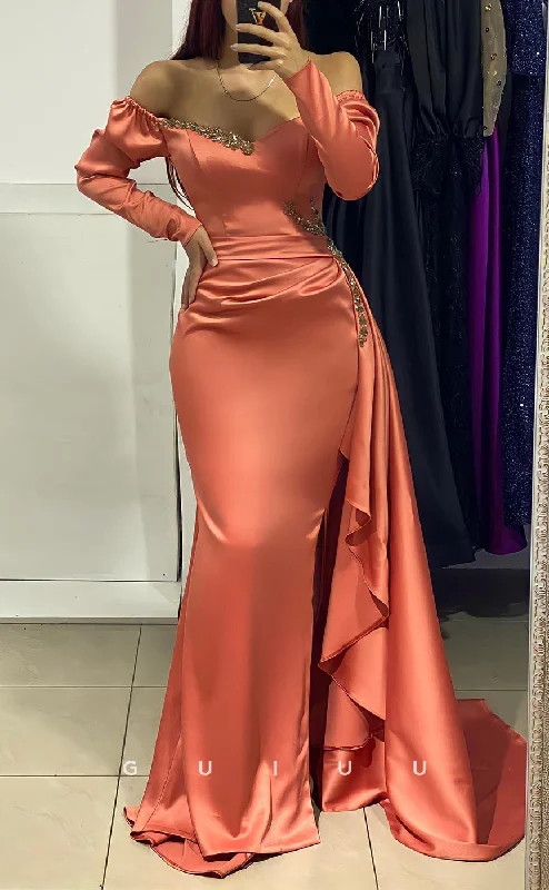 G2845 - Elegant Off-Shoulder Sequins Ruched Long Sleeves Prom Evening Dress