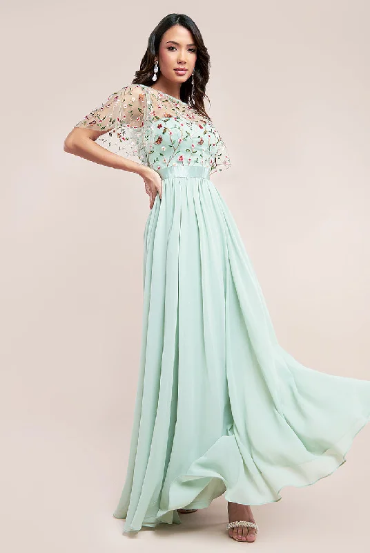 Goddiva Embroidered Top Flutter Sleeve Maxi - Sage Green