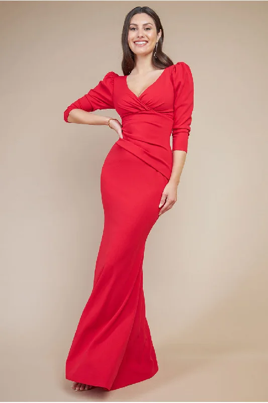 Goddiva Front Wrap Pleated Scuba Maxi Dress - Red