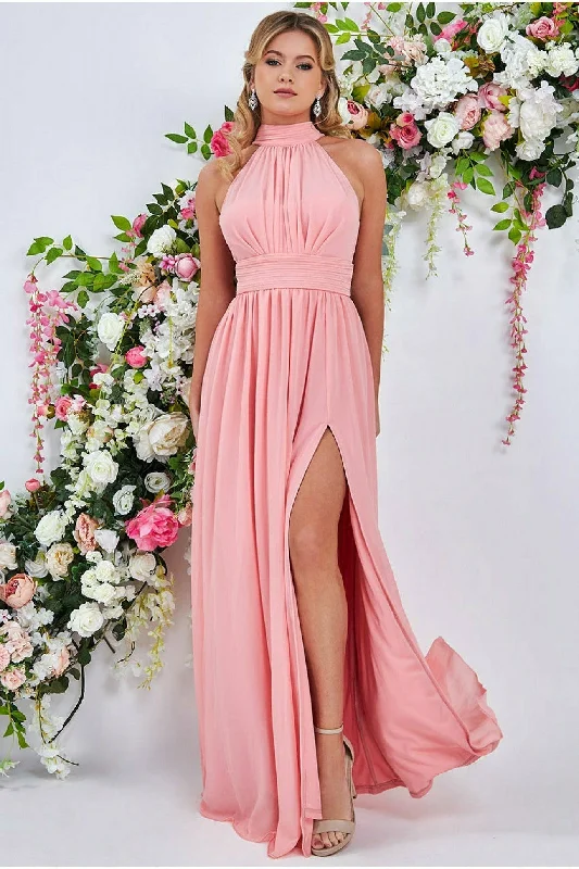 Goddiva Halterneck Chiffon Maxi With Thigh Split - Peach