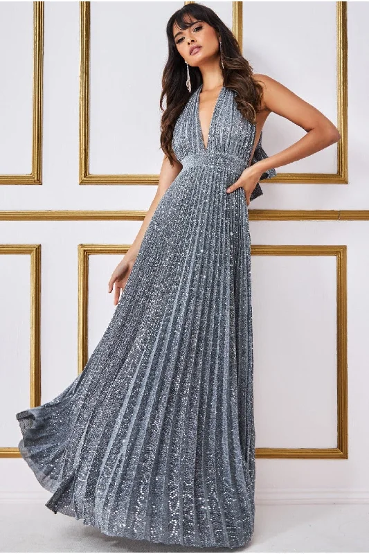 Goddiva Plunge Halterneck Sequin Lurex Maxi - Silver