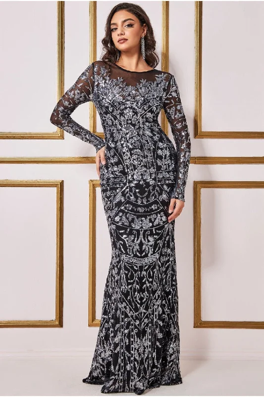 Goddiva Sequin Mesh Embroidered Maxi Dress - Silver