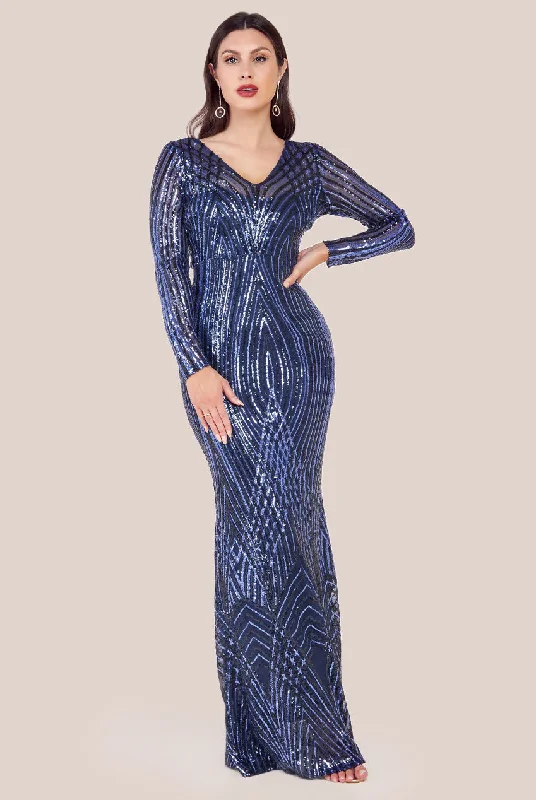 Goddiva Two Toned V Neck Sequin Maxi - Navy