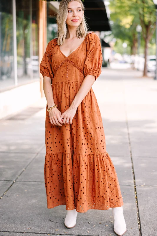 Hold Me Close Copper Orange Eyelet Midi Dress