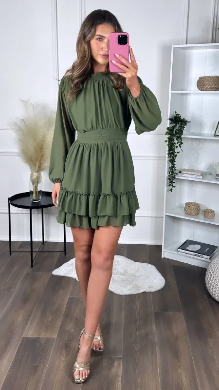 Mariana Khaki Tiered Mini Dress