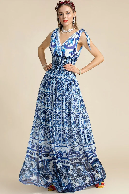 Mediterraneo Long Majolica Print Maxi Dress