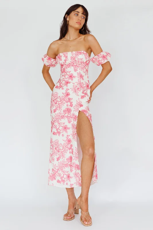 Olivier Off-Shoulder Midi Dress Floral Pink