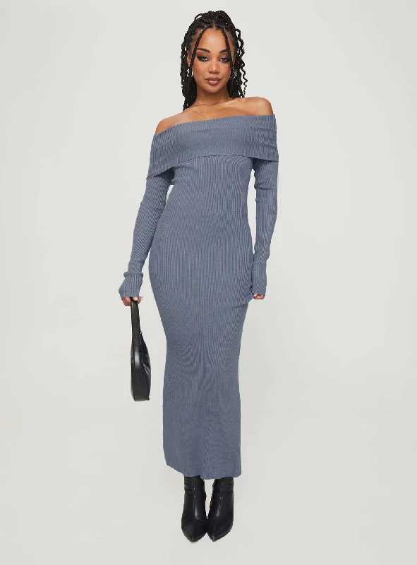 Phylis Off The Shoulder Maxi Dress Steel Blue