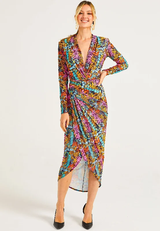 Plunge Neck Faux Wrap Print Midi Dress in Multi Snake