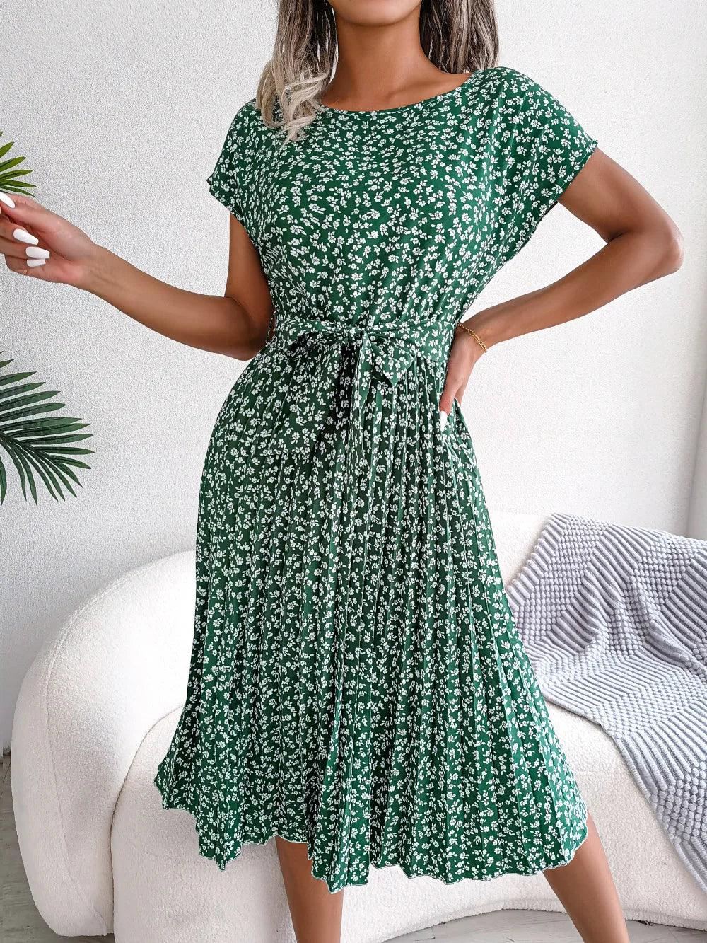 Short Sleeve Pleated Midi Dress