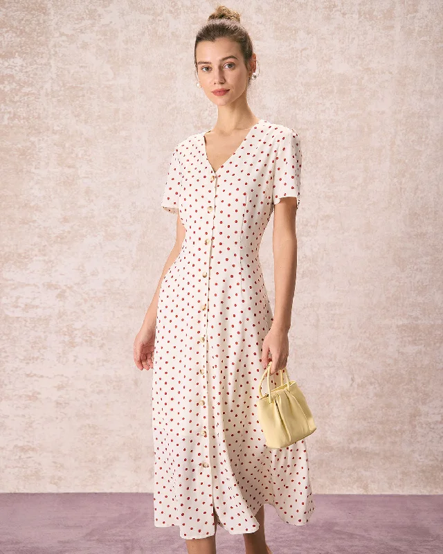 The Beige V Neck Polka Dot Button Midi Dress