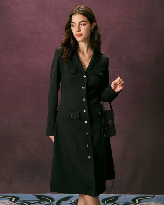 The Black Lapel Button Up A Line Midi Dress