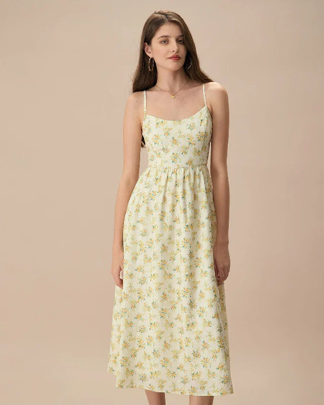 The Yellow Ruched Floral Slip Midi Dress