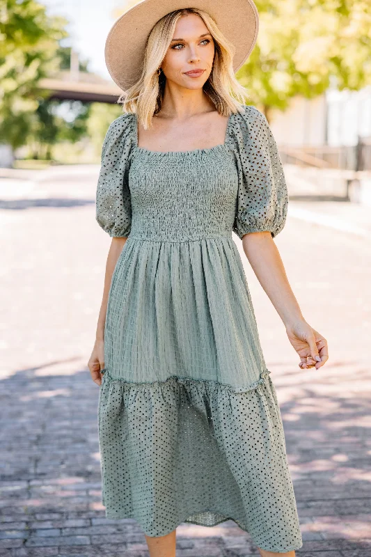 Want It All Sage Green Eyelet Midi Dress