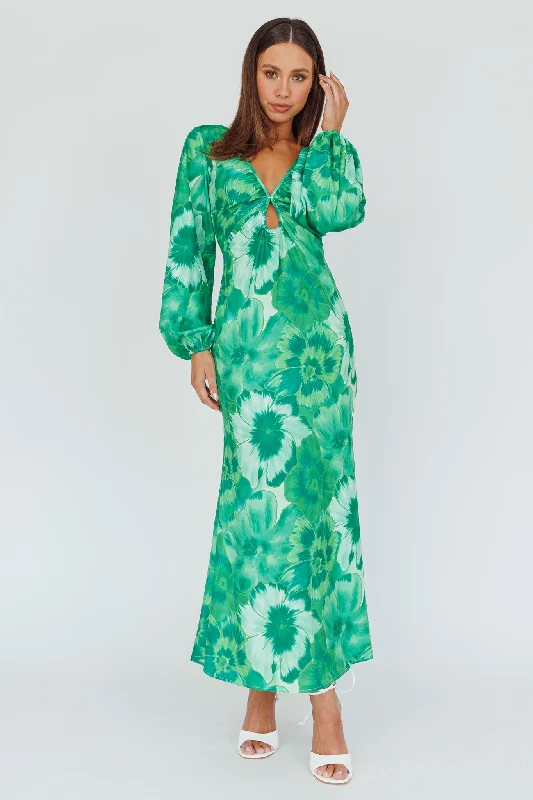 Yessica Balloon Sleeve Midi Dress Floral Green